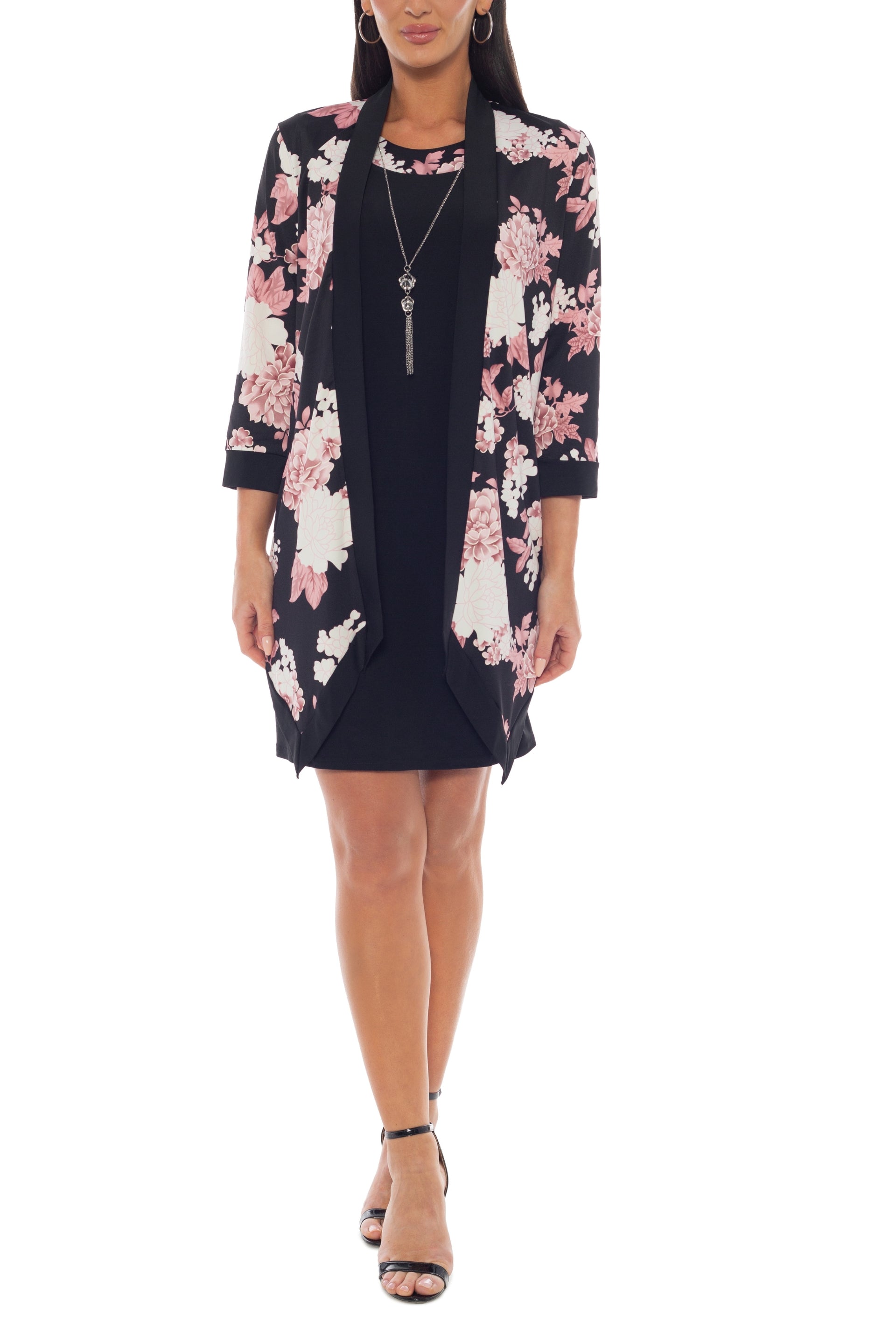 Marina Scoop Neck Sleeveless Sheath Silhouette Top With Open Front Floral Print Jacket-0
