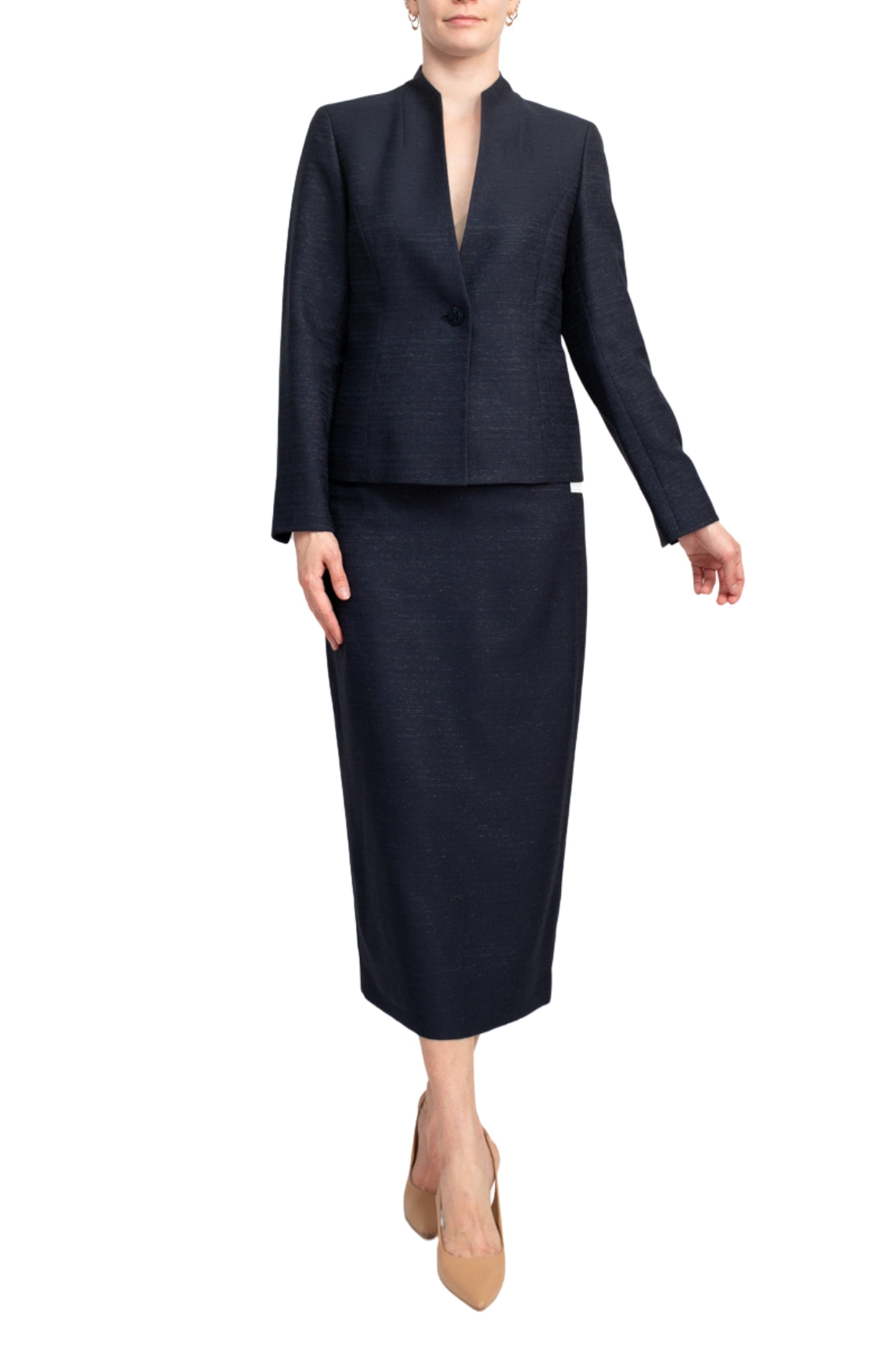 Le Suit Shimmer Tweed One Button No Pocket Jacket and Column Skirt Set-0