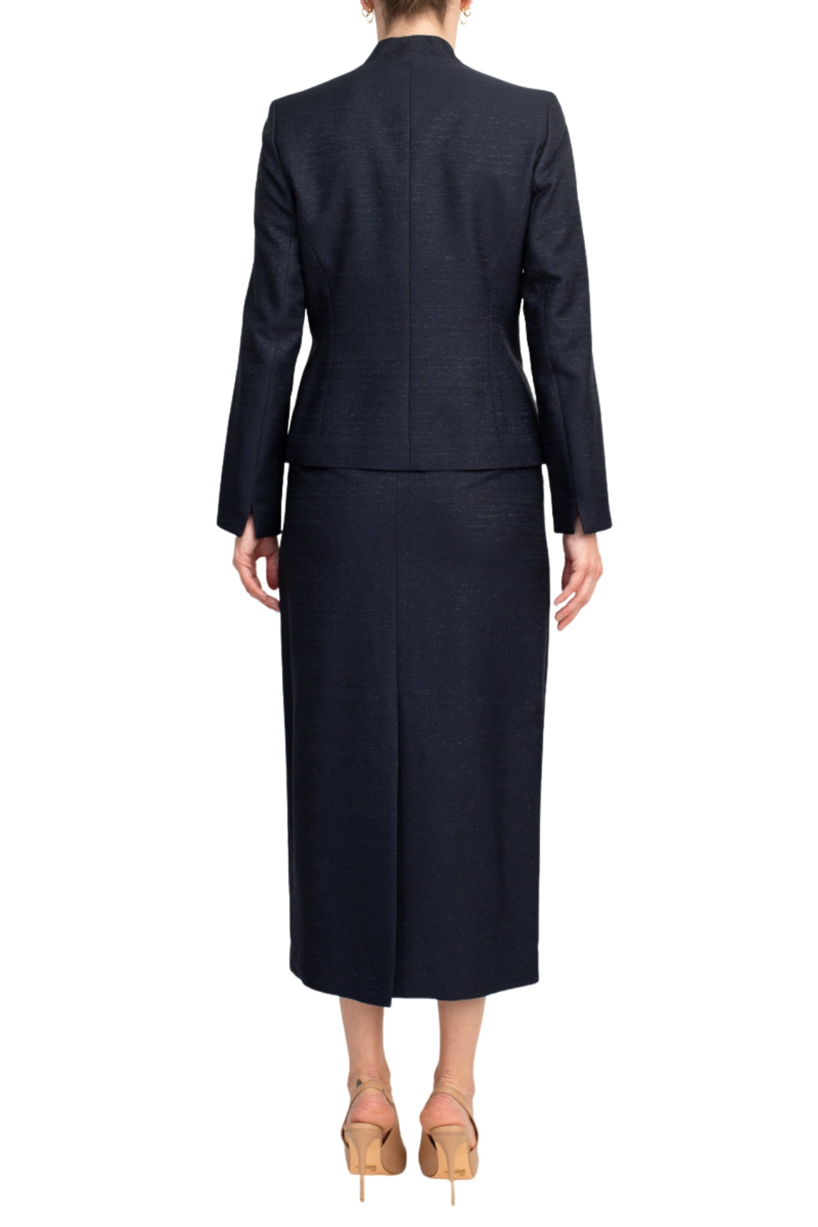 Le Suit Shimmer Tweed One Button No Pocket Jacket and Column Skirt Set-2