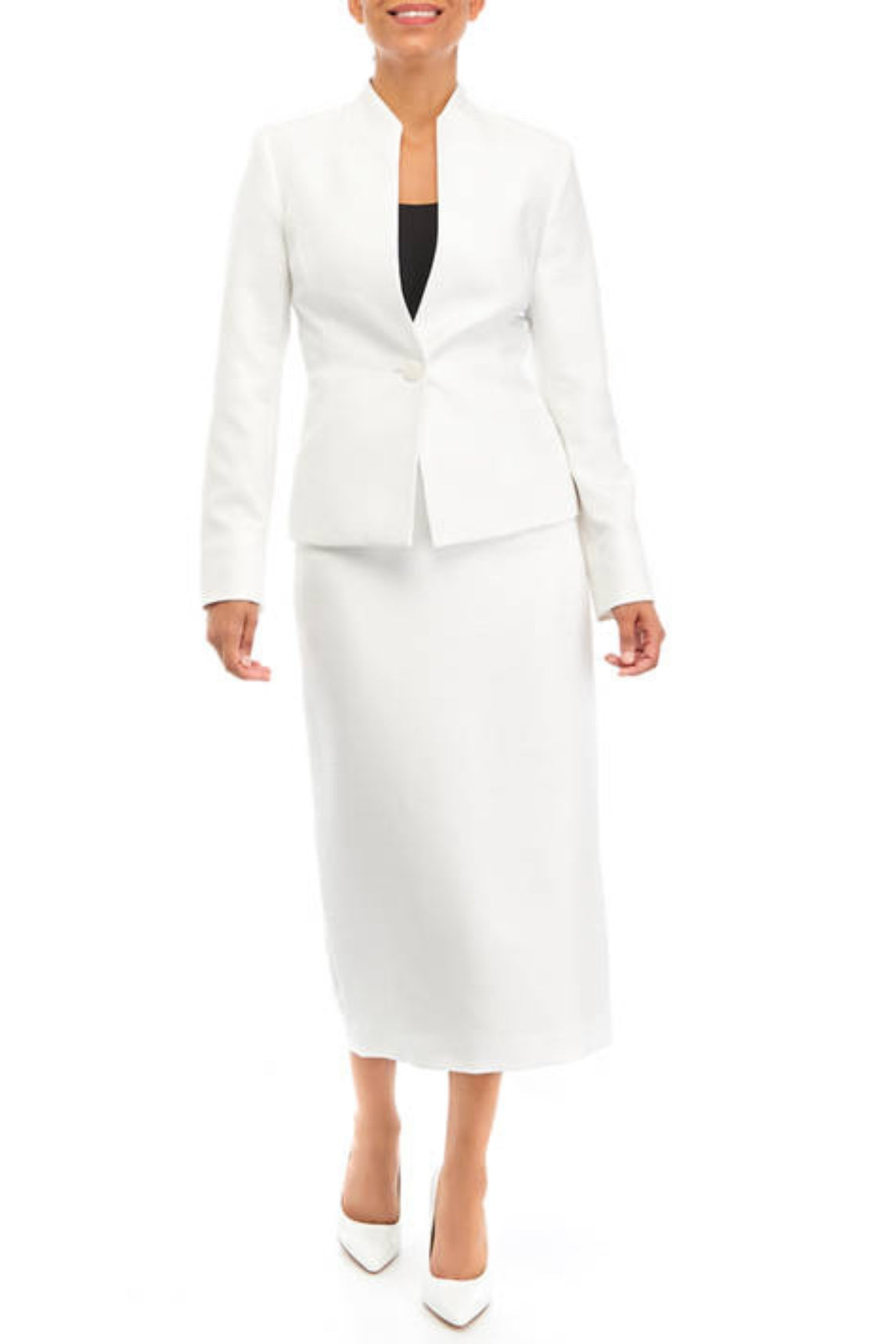 Le Suit Shimmer Tweed One Button No Pocket Jacket and Column Skirt Set-4