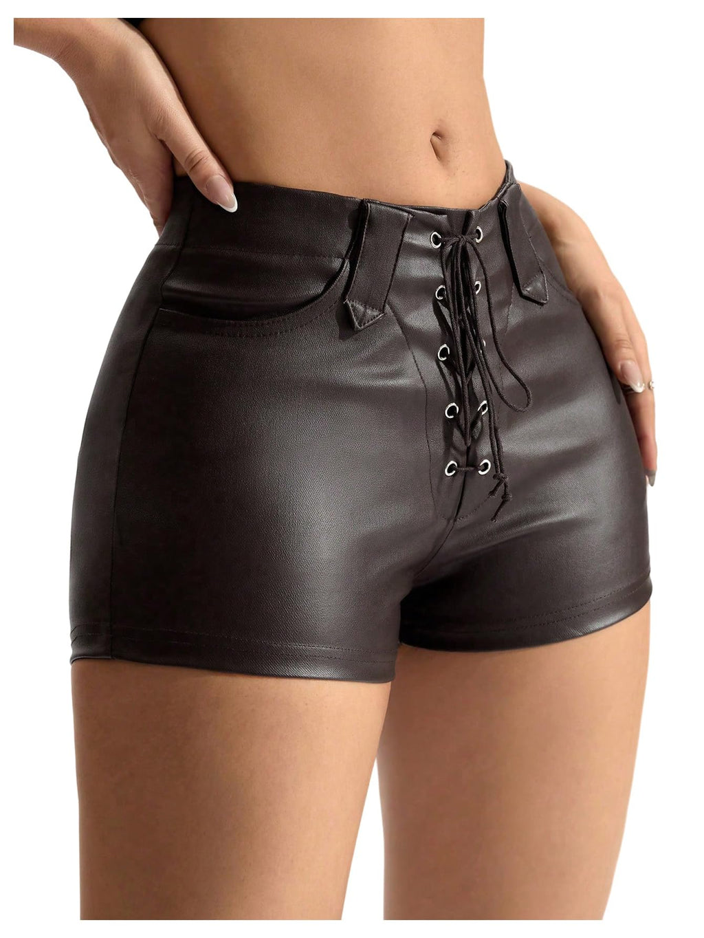 Floerns Women's Sexy High Waisted Faux Leather Shorts Drawstring Lace Up Festival Rave Shorts