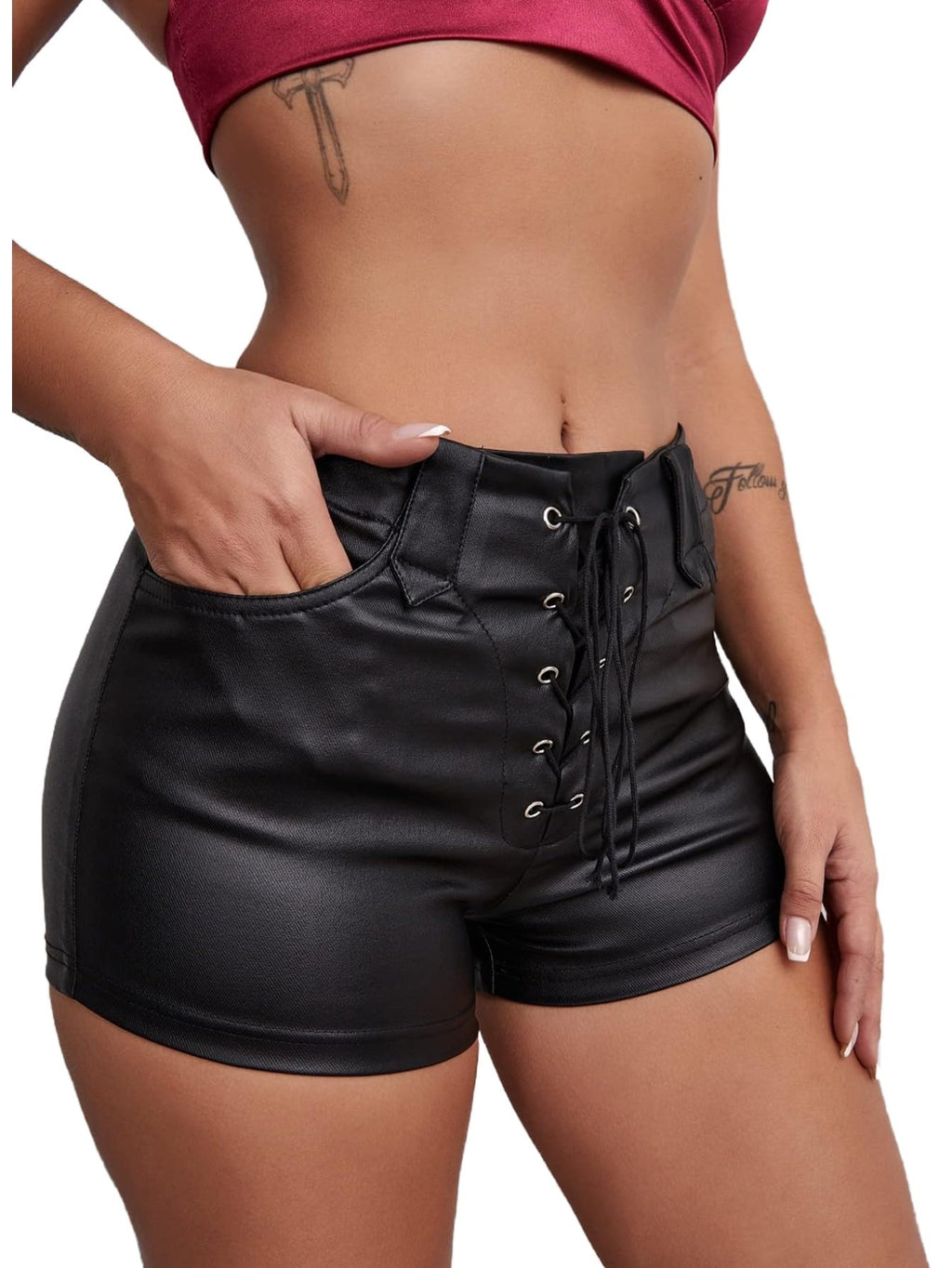 Floerns Women's Sexy High Waisted Faux Leather Shorts Drawstring Lace Up Festival Rave Shorts