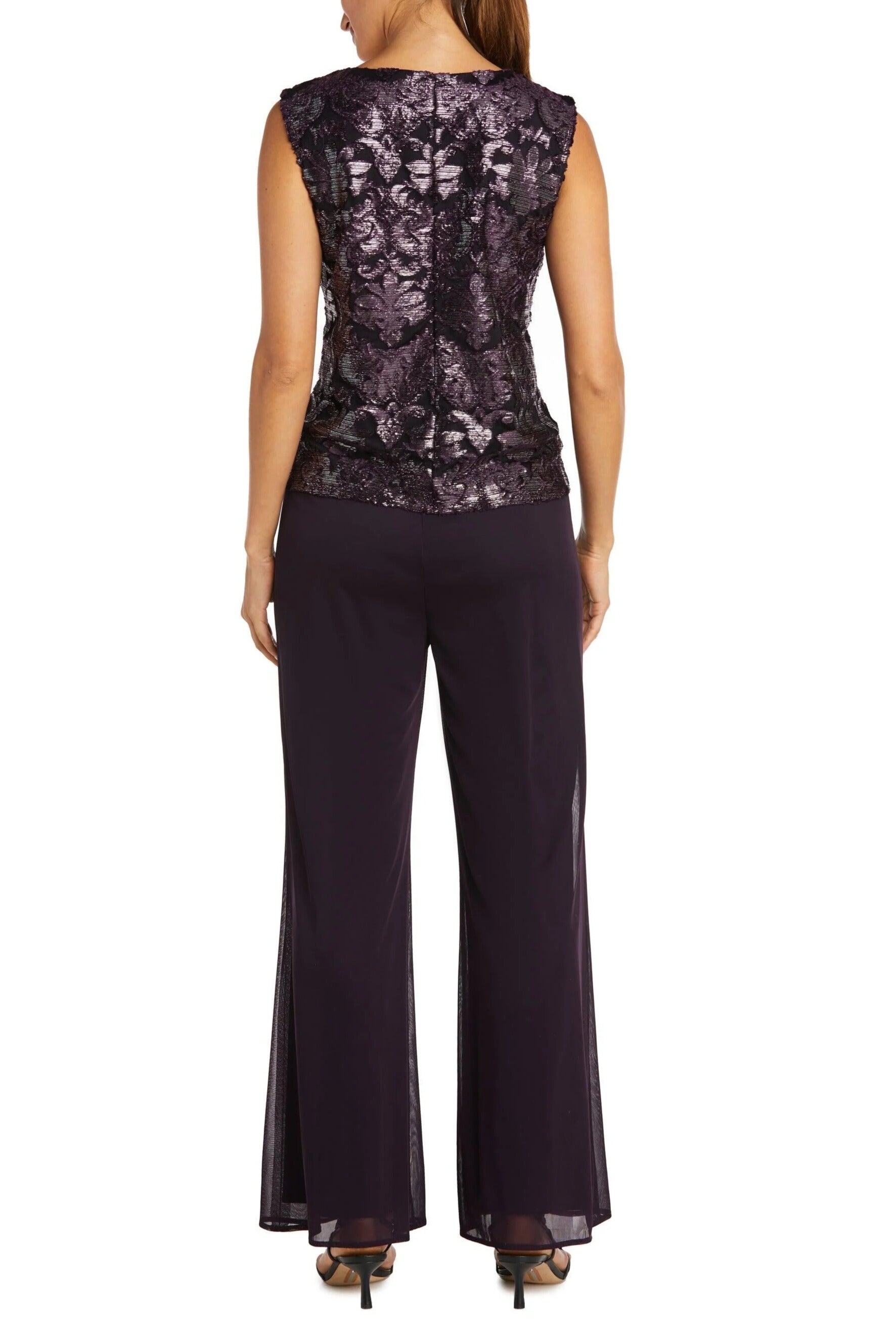 R&M Richards Formal Beaded Scoop Neckline Sleeveless Top with Three-Quarter Sleeves Sheer Jacket Duster Pant Suit (Plus Size)-3