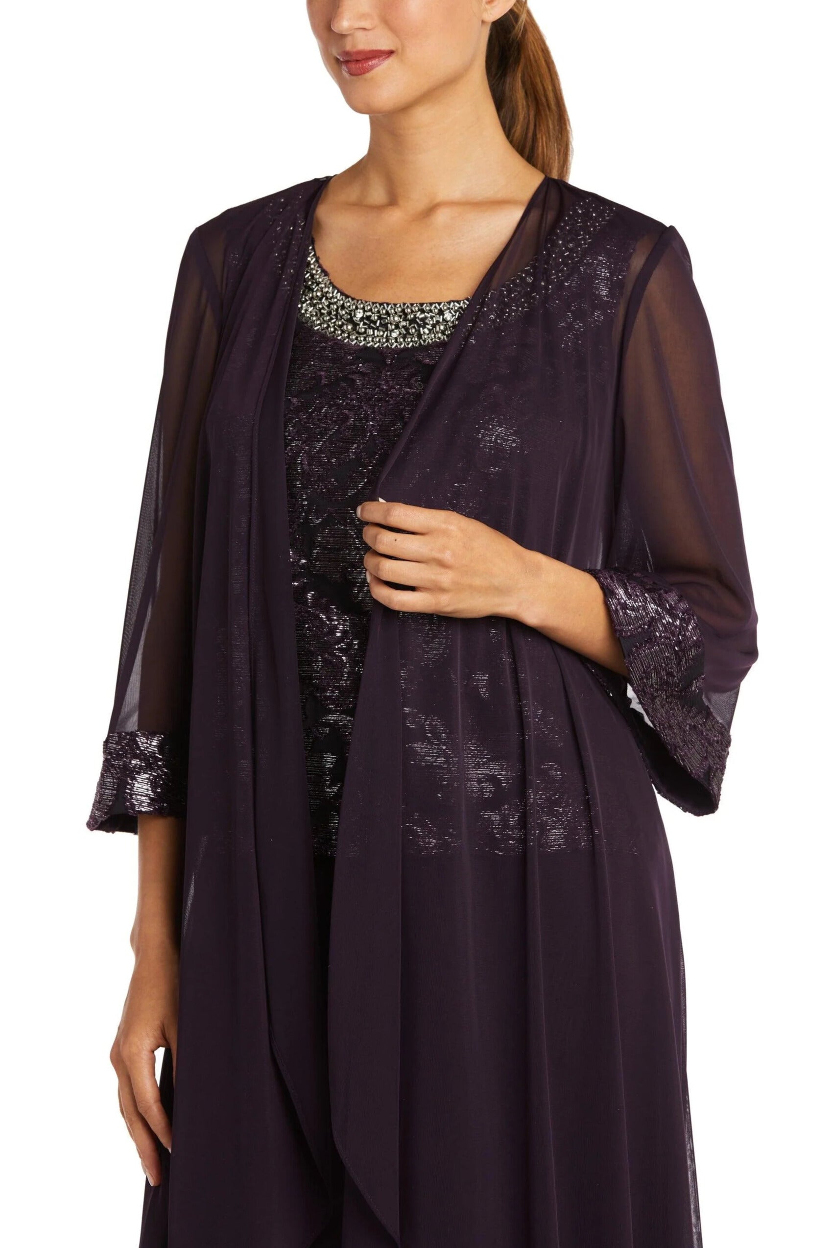 R&M Richards Formal Beaded Scoop Neckline Sleeveless Top with Three-Quarter Sleeves Sheer Jacket Duster Pant Suit (Plus Size)-4