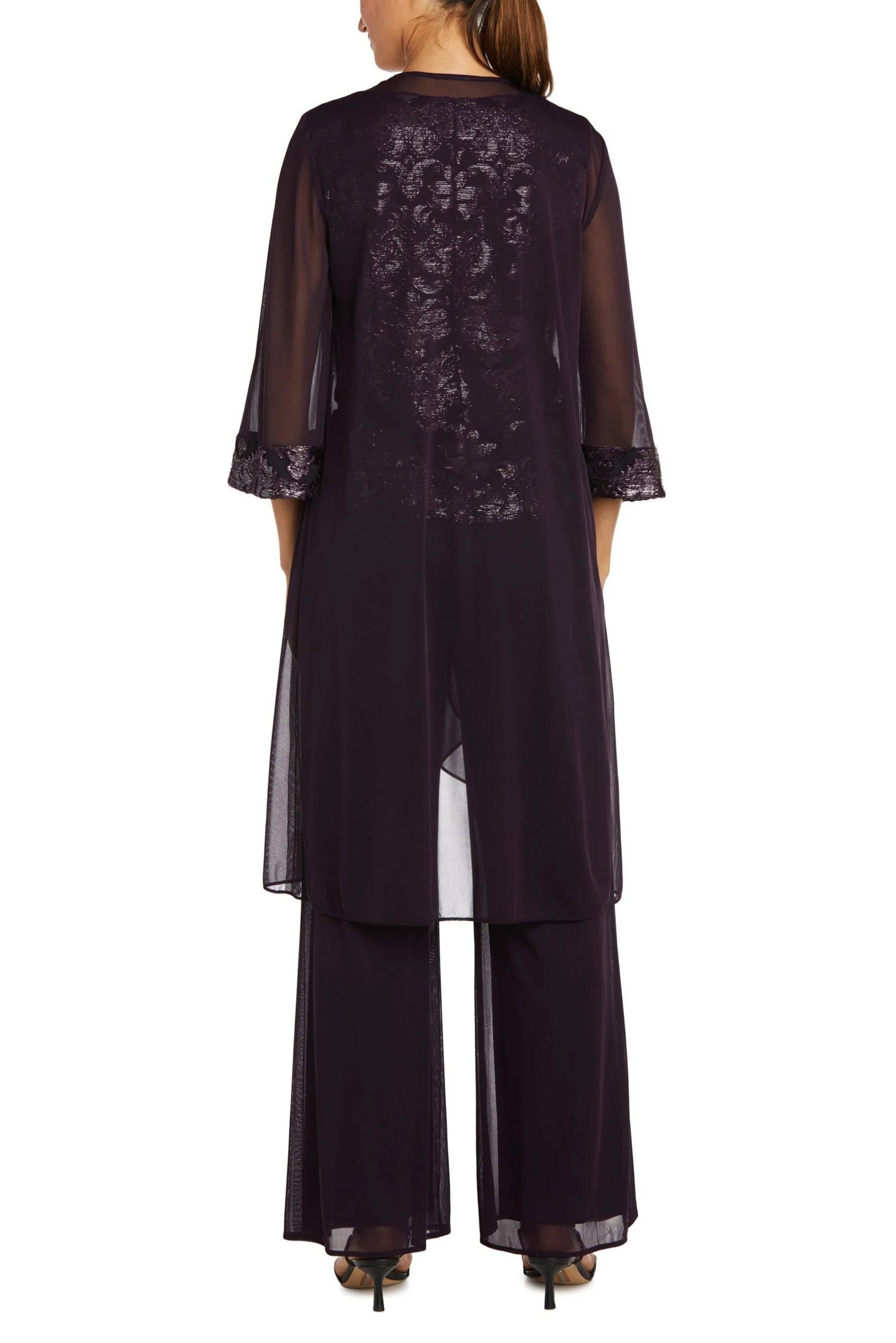 R&M Richards Formal Beaded Scoop Neckline Sleeveless Top with Three-Quarter Sleeves Sheer Jacket Duster Pant Suit (Plus Size)-1