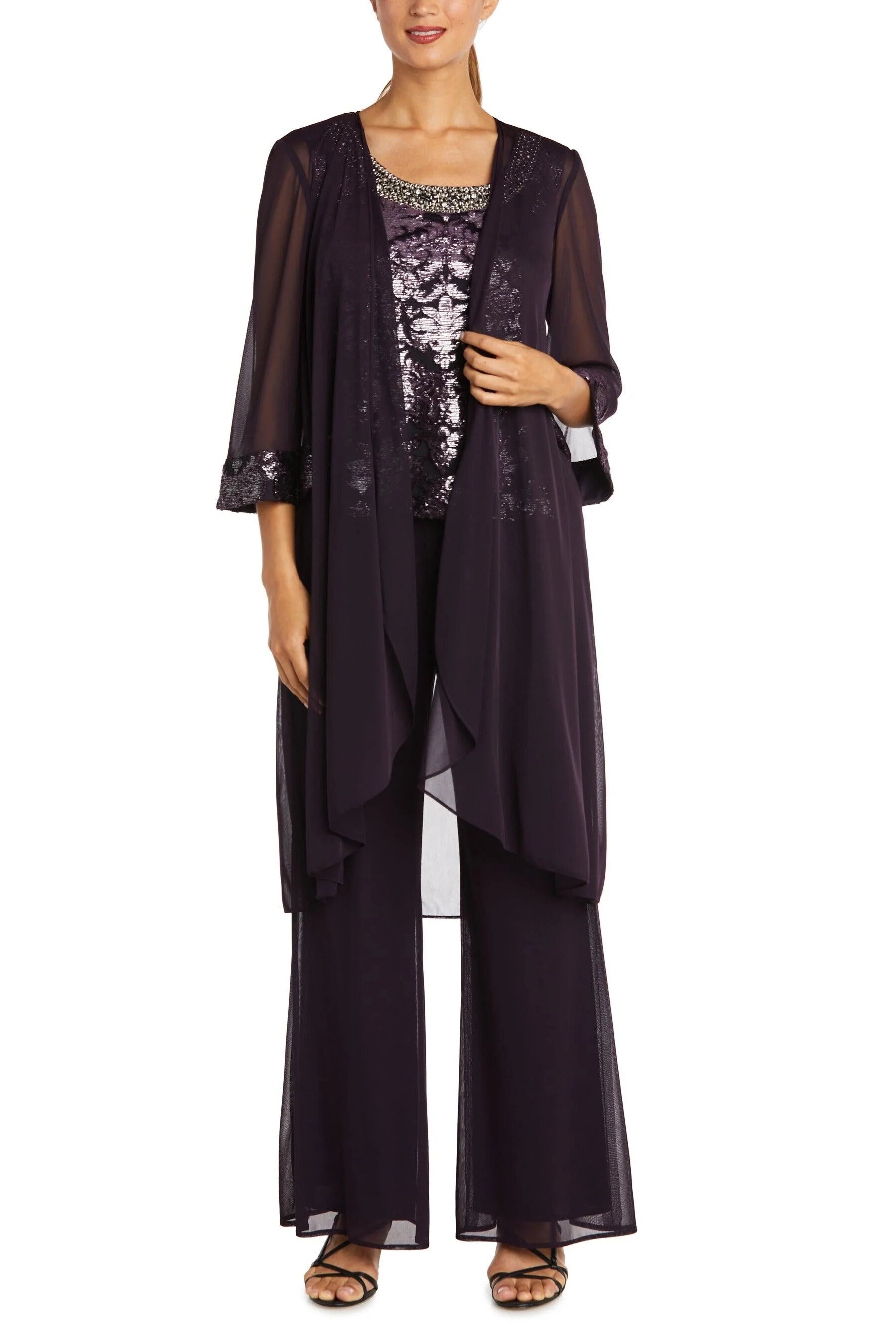 R&M Richards Formal Beaded Scoop Neckline Sleeveless Top with Three-Quarter Sleeves Sheer Jacket Duster Pant Suit (Plus Size)-0