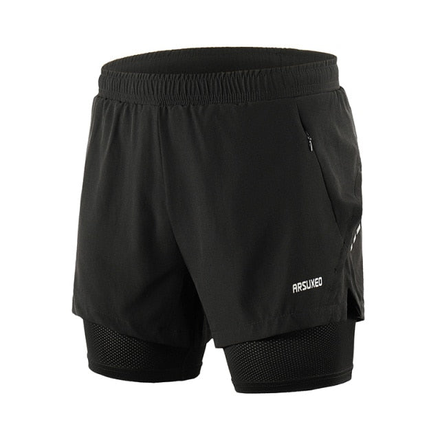 Men Running Shorts 2 in 1 Sports Shorts Quick Dry Active Training Exercise Jogging Gym Shorts With Zipper Pockets-3