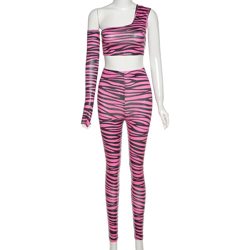 Print One Shoulder Sportswear Set For Women Crop Top Leggings Pants Suit Gym Fitness Jogging Slim Tracksuit Outfits Clothing-1