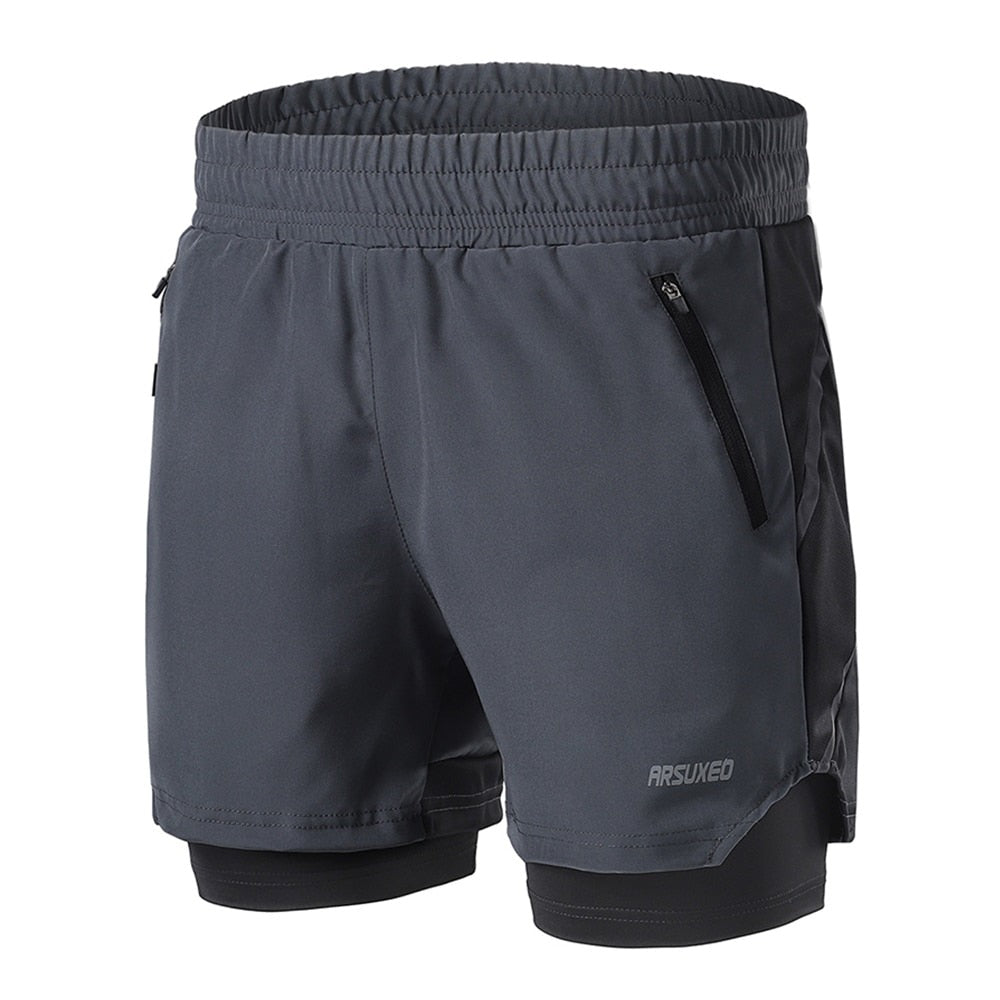 Running Shorts 2 in 1 Quick Dry Athletic Training Exercise Jogging Sports Gym Shorts With Zipper Pocket-0