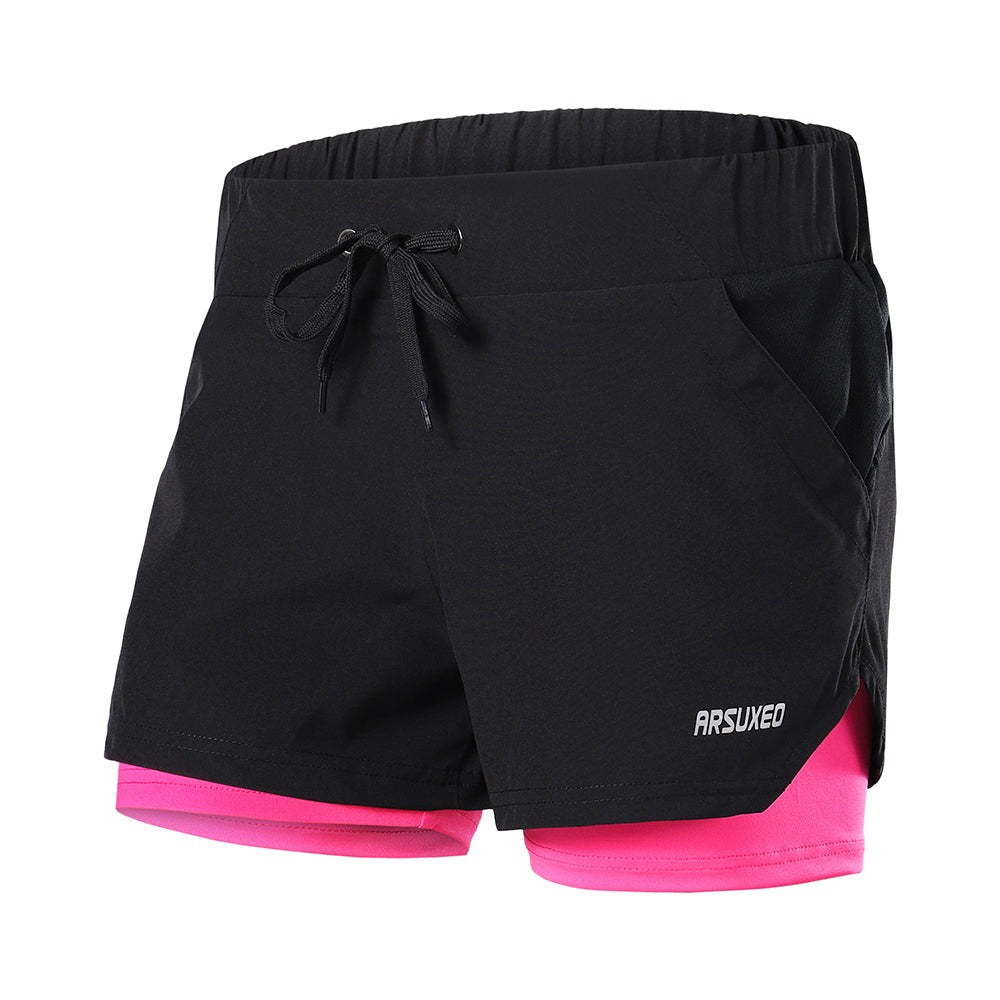 Running Shorts Women 2 in 1 Elastic Waist Gym Jogging Fitness Sports Short Female Reflective Breathable-0