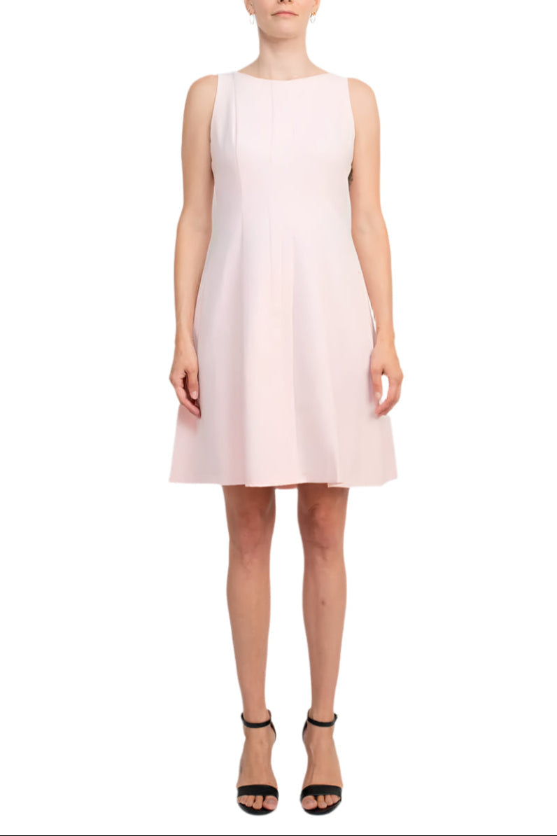 T Tahari Boat Neck Sleeveless Banded Zipper Back Fit and Flare Crepe Dress-0